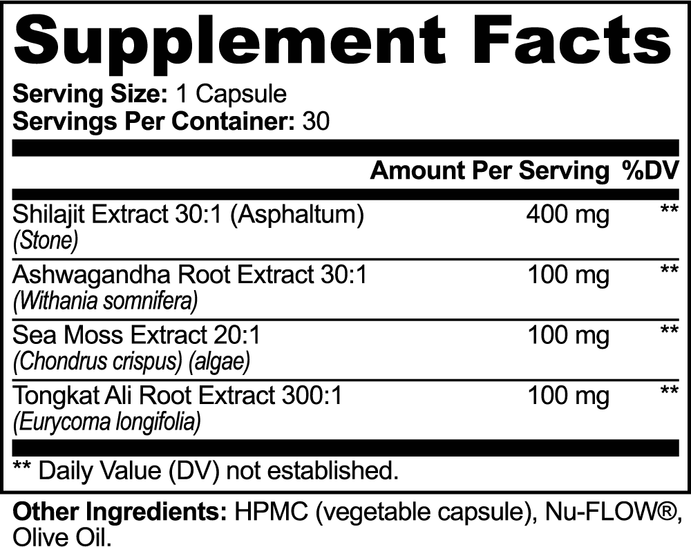 Supplement facts label with various extracts and their amounts per serving